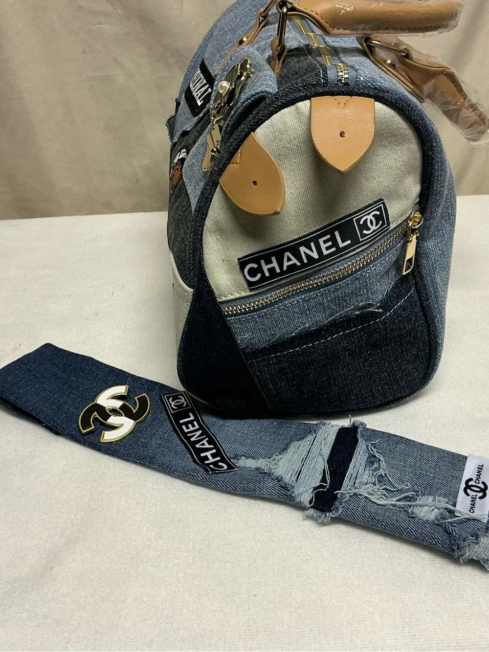 Original Denim Patch Satchel Bag with Beige Accents